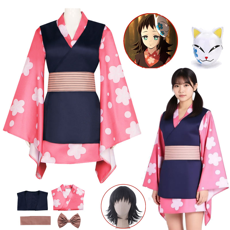 Anime Cosplay With Mask - อะนิเมะคิเมทสึคอสเพลย์เครื่องแต่งกายมาโคโมะวิกผมหน้ากากเย็บอย่างดีชุดกิโมโนเสื้อคลุมอาบน้ำชุดคอสเพลย์ปาร์ตี้ฮาโลวีนผู้หญิง