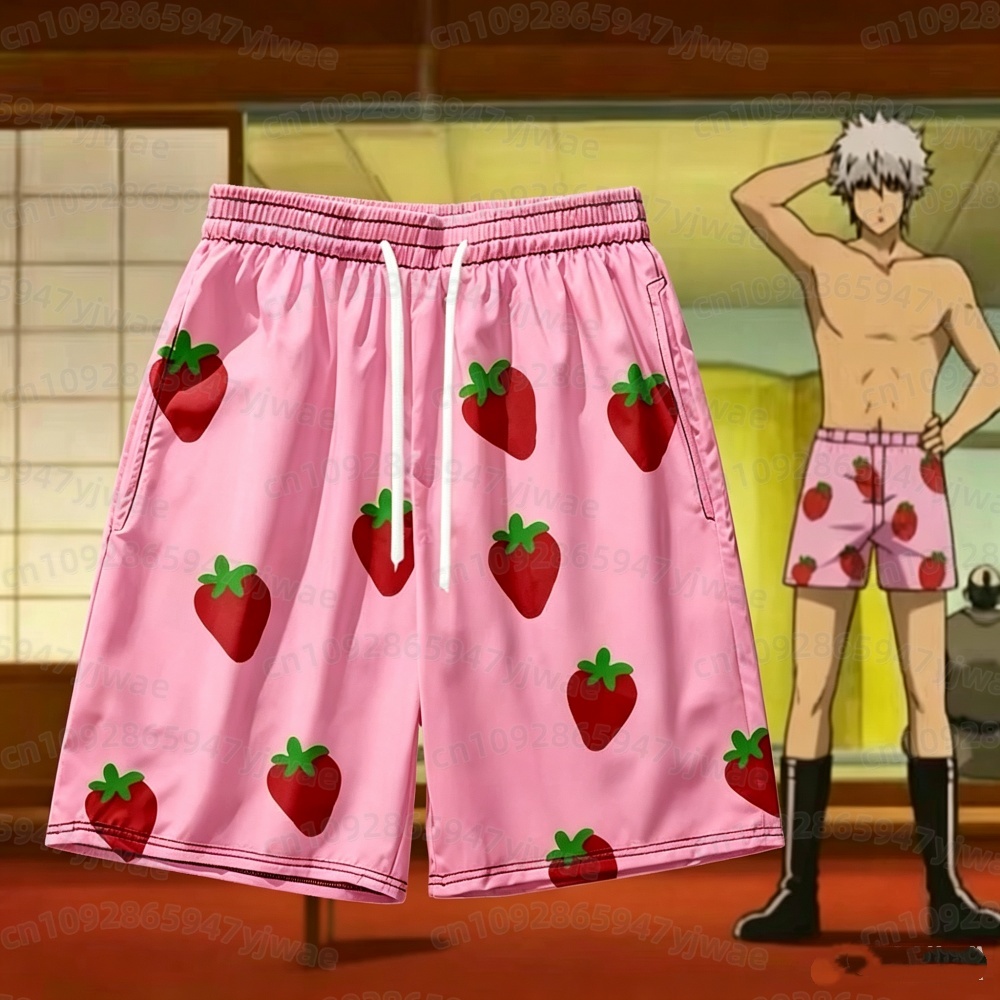 Costume Anime Cosplay - กางเกงขาสั้นสีชมพูลายสตรอว์เบอร์รีสำหรับผู้ชาย ปี 2026 ชุดคอสเพลย์อนิเมะ GINTAMA ซากาตะ