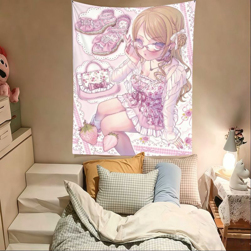 Anime Cosplay Girl Photo - VIKAMA พรมแขวนผนังลายการ์ตูนสาวอนิเมะสีชมพู, ผ้าตกแต่งผนังลายการ์ตูนน่ารัก, ของตกแต่งห้องนอนและหอพัก, ผ้าฉากหลังถ่ายรูปคอสเพลย์