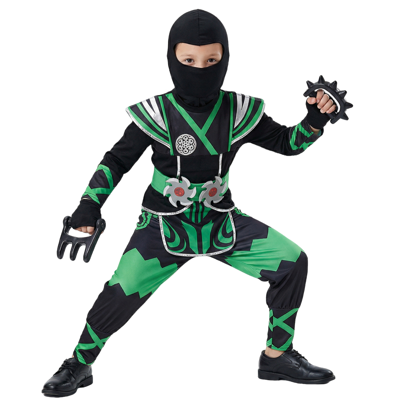 Anime Cosplay Ninja - ชุดนินจาสีเขียวสำหรับเด็กพร้อมชุดของเล่น 9 ชิ้น ชุดเล่นบทบาทฮาโลวีน ชุดซามูไร นักรบสวมหน้ากาก