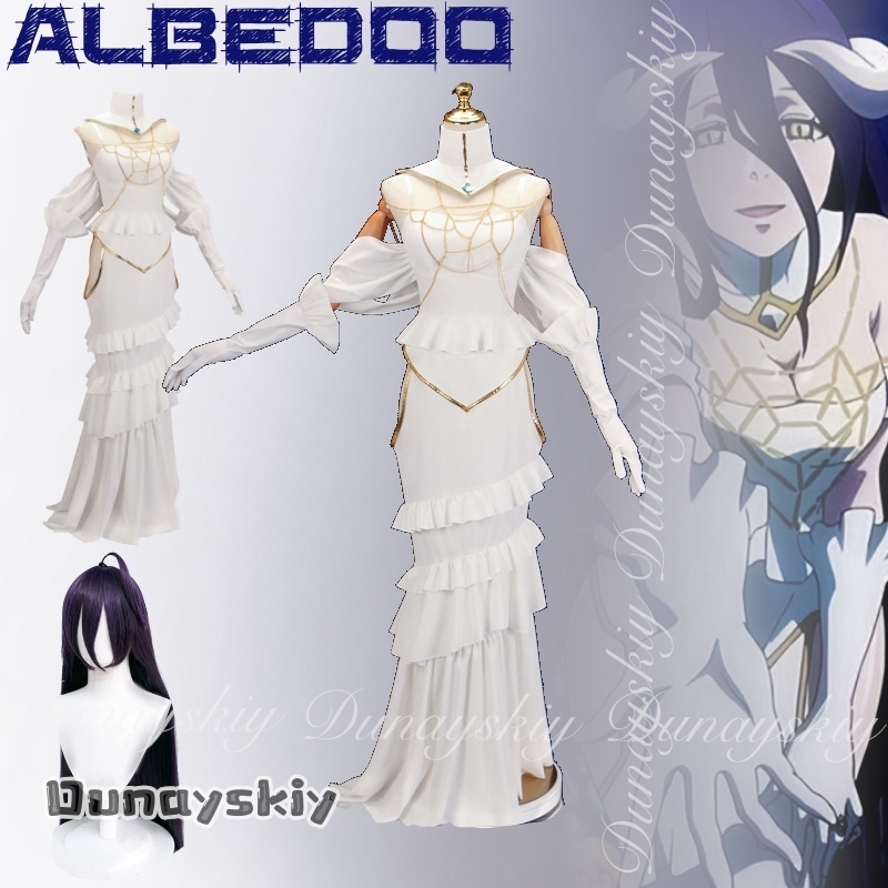 Anime Cosplay Albedo - {Dunayskiy States} ชุดคอสเพลย์อนิเมะอัลเบโด้ ชุดรัดรูปพร้อมชุดเดรสยาวสีขาว วิกผม ชุดเต็มสำหรับผู้หญิง
