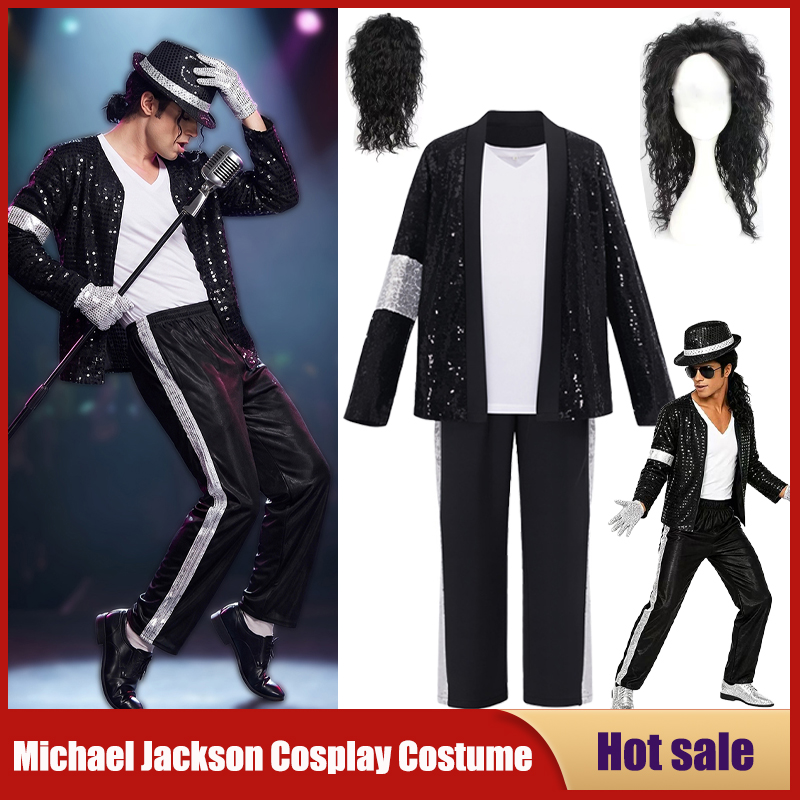 Anime Cosplay Dance - ชุดคอสเพลย์ป๊อปสตาร์ไมเคิล แจ็คสัน ชุดฮิปฮอปแดนซ์ดิสโก้สตาร์ เอ็มเจ ชุดปาร์ตี้วิบวับสำหรับฮาโลวีน ชุดแสดงบนเวที