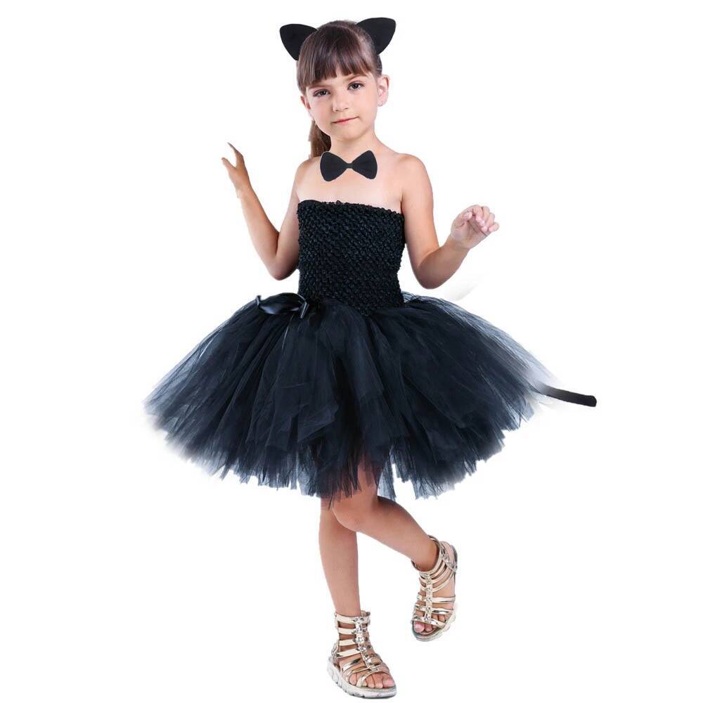 Anime Cosplay Toddler - ชุดเดรสกระโปรงบัลเล่ต์แมวดำน่ารัก ชุดวันเกิดสำหรับเด็กผู้หญิง ชุดแฟนซีฮาโลวีนสำหรับเด็กเล็ก ชุดคอสเพลย์สัตว์สำหรับเด็ก สีดำล้วน