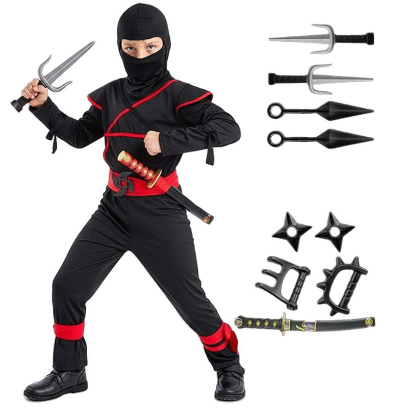 Anime Cosplay Ninja - ชุดซามูไรญี่ปุ่นสำหรับเด็ก ชุดนินจาคอสเพลย์สำหรับงานปาร์ตี้ฮาโลวีน พร้อมดาบ 9 ชิ้น ชุดปีใหม่สำหรับเด็กชายและเด็กหญิง