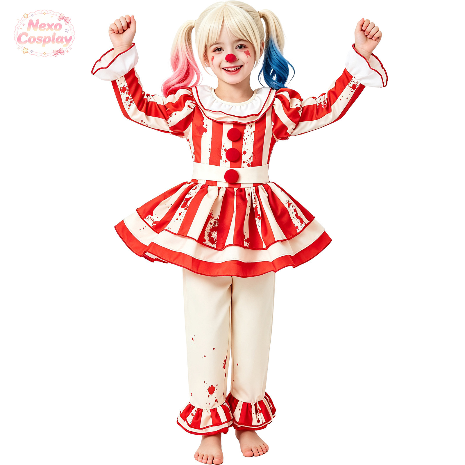 ชุดตัวตลกสยองขวัญลายทางสีแดงขา - Anime Cosplay Kid บทวิจารณ์และราคา
